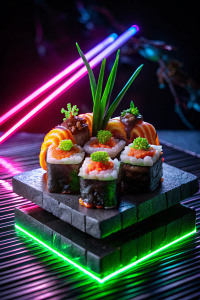 cyberpunk sushi food futuristic, japanese, neon light on isolated black background