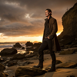 Eric Balfour, as Duke Crocker, posing on a rocky beach. Sunset in the background, dramatic lighting