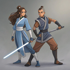 Katara and Sokka from Avatar: The Last Airbender. Katara, with long brown hair, stands confidently in a mix of futuristic and traditional attire. Sokka, with a unique hairstyle, holds a sword in his hand. They pose in a neutral gray studio setting.