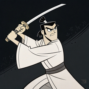 Line drawing of Samurai Jack, the animated protagonist. Wields katana in dramatic pose. Dark background