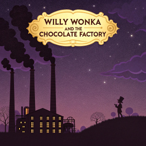 Movie poster for 'Willy Wonka and the Chocolate Factory'. Dark purple background. Golden emblem of a giant Wonka's signature. Silhouette of the chocolate factory's smokestacks.