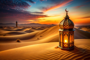 Illuminated golden oriental lantern lying on the sand in the desert dunes at sunset, moon, mosque