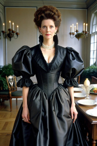 40 yo attractive lady wearing Victorian shiny black satin dress, very narrow waist and massive pushed up bosom. long puff sleeves, floor length skirt with petticoat. snug white pearl choker. sitting at dinner table.  head and bust view