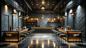 Designer interior design in the bar, dark atmosphere, slightly dirty
