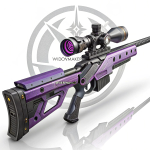 Concept art of a futuristic sniper rifle, painted in vivid shades of purple and gray. Detailed illustration, prominently featuring the 'WIDOWMAKER' logo and Overwatch branding.