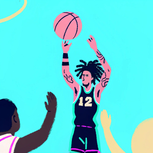 Ja Morant, player for Memphis Grizzlies, intense pose, dark blue jersey, number 12. Dreadlocks styled in an afro. Tattoos on arms. Surrounded by crowd and other players at the NBA game.