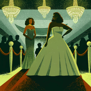 Tyra Banks and Danielle Herrington at the star-studded gala. Lavish ballroom with chandeliers and red carpet.