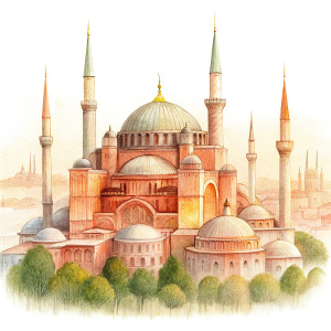 Please make a drawing of the unique skyline of Istanbul. I want a drawing that reflects the historical atmosphere. Important historical buildings such as Hagia Sophia, Topkapi Palace and the Spice Bazaar should stand out in this drawing.