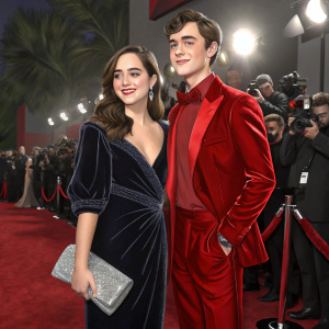 Mary Mouser, adorned in a dark velvet dress with a silver clutch, standing alongside Tanner Buchanan in a vibrant red outfit. Both are at the premiere of Cobra Kai, amidst flashing cameras.