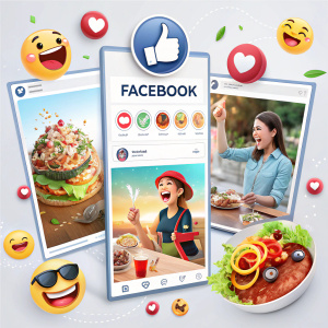 Social media feed snapshot. A compilation of Facebook posts featuring animated emojis and user reactions.