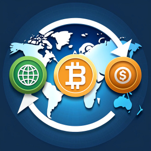 "GlobalCoin" - A logo where Bitcoin, Dollar, and Euro are depicted as three arrows converging towards one point, symbolizing the global significance and importance of each of these currencies in the world economy.





