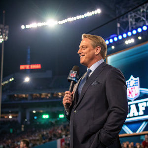 Jack Del Rio, in a formal suit, giving an interview at the NFL draft. Crowd and stadium lights in the background.