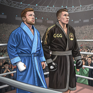 Canelo Alvarez and Gennady Golovkin, two boxers, standing in a boxing ring. Canelo in a blue boxing robe, Gennady in a black robe with 'GGG' logo. Both look intense, surrounded by fans in a crowded stadium.
