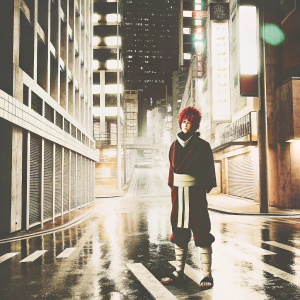 Kurama Ashura from Naruto standing in a futuristic cyberpunk cityscape. Neon lights illuminate the dark alleyways, reflecting off wet pavement and towering skyscrapers.