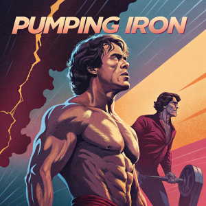 The movie poster for 'Pumping Iron'. Colorful, vibrant design with Arnold Schwarzenegger and Lou Ferrigno. Title and credits in sleek, modern font. Dynamic composition with rippling muscles and dramatic shadows.
