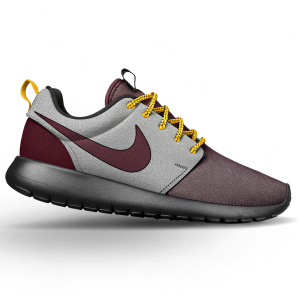 Illustration of a Nike Roshe sneaker. Gray and maroon color scheme. Sleek modern design. Black rubber sole with yellow laces. Athletic look.