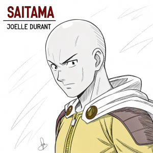 Joëlle Durant's sketch of Saitama from 'One Punch Man'. Simple line art, signed by artist. Saitama, bald, determined look.