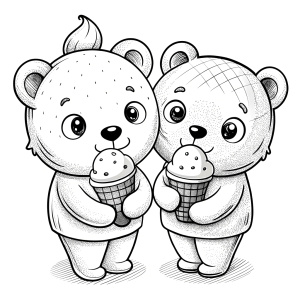 black and white line art, cute lovers bears whit ice cream, black and white only, vector style, for coloring book page