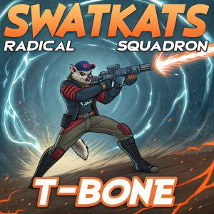 Illustration of T-Bone, a heroic figure from the SwatKats universe, wielding a futuristic weapon. Background is a chaotic swirl of blue and orange. Text reads 'SwatKats', 'Radical Squadron', and 'T-Bone'. The art bursts with energy and vivid colors.