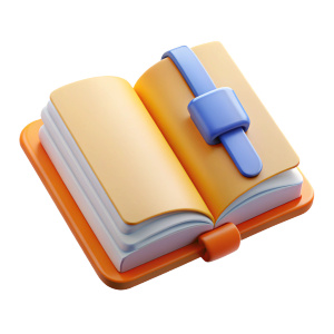 3d icon open book school, diary with white paper blank pages and bookmark. Cartoon minimal style isolated with clipping path. 3D Illustration
