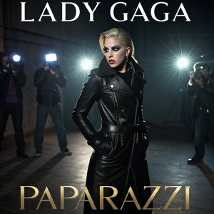Lady Gaga in a dramatic poster for the music video 'Paparazzi'. She wears black leather outfit, intense makeup, standing in a dimly lit room with paparazzi flashlights as background