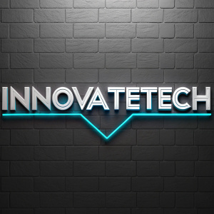 Logo design for InnovateTech Solutions. Modern and sleek, featuring the text 'InnovateTech' in bold sans-serif font. Uses a gradient of silver and dark grey with neon blue accents for a futuristic look.
