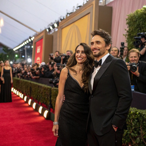 Isabel Pakzad and James Franco attending the HBO annual gala. Red carpet scene, flashing cameras, and cheering fans.