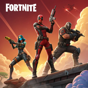 Promotional poster for Fortnite featuring main characters in epic poses. Vibrant colors, dynamic action scene.