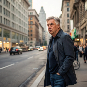 Carlo Ancelotti, dressed in casual attire, stands on a bustling city street. Intense gaze directed towards the camera.