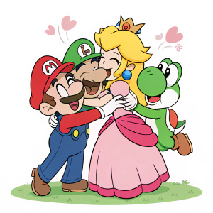 Cartoony illustration. Mario, Luigi, Peach, and Yoshi in a playful group hug. Flat colors with bold outlines.