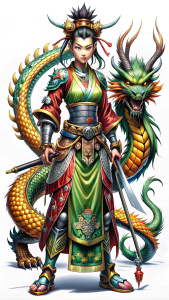 Mujer rasta robot Wu-Tang Clan japonés samurái cuerpo completo manga con un drangon
