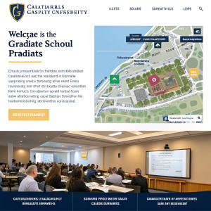 Homepage for California Baptist University's Graduate School. Highlighting campus map, classroom scene with engaged students and faculty, and details on academic programs and financial support. Emphasis on completing credentials.