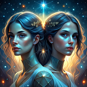 gemini, two same looking sisters,
 Zodiac Constellation, set in the vast and majestic universe, radiating with a shimmering and ethereal glow, positioned among a sea of stars in the cosmic expanse. Illuminated by celestial radiance and cosmic rays, created by a master of cosmic artistry in a surreal and otherworldly style, using digital painting as the medium for an astrological illustration. The color scheme features deep indigo and gold, with high-definition digital rendering to capture muse