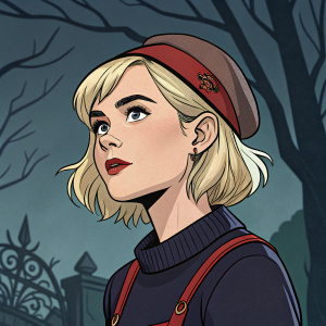 Sabrina Spellman, from Archie Comics, in a modern comic panel. Blonde hair styled in a choppy bob, wearing a quirky beret. Dark, moody background with intricate details