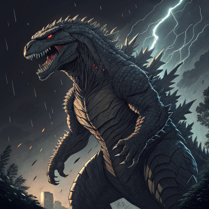Illustration of Godzilla, digital artwork. Dynamic stance, muscular build, fierce expression. Rough, jagged skin texture, dark color scheme. Reminiscent of comic book or animated design.