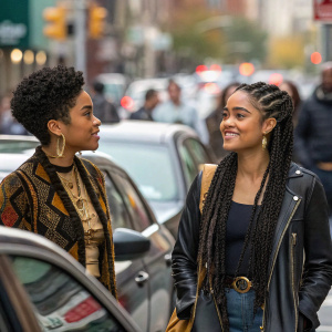 Alexis Floyd as Tia and Aisha Dee as Kat from The Bold Type, in a bustling urban setting. Tia, with her short curly hair, is chatting animatedly with Kat, who has long braids adorned with black and gold patterns. They stand amidst parked cars and a busy street filled with pedestrians.
