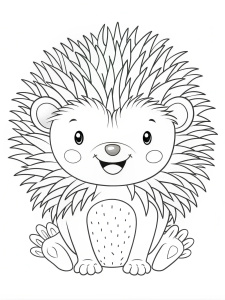 Coloring page, Happy baby porcupine with soft quills playing, white background, black line art