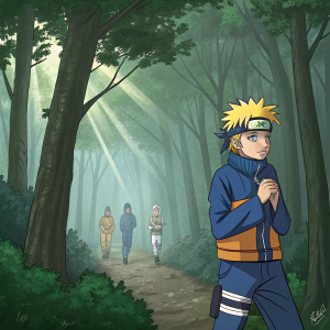 Naruto Uzumaki, wearing a blue ninja outfit, standing in a forest. Villagers walking towards him.