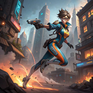 Overwatch character, Tracer, in a sleek, vibrant blue and orange suit, mid-jump with her signature blasters drawn. Futuristic cityscape with crumbling buildings and glowing neon signs, a battlefield with smoke and debris everywhere.