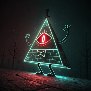Bill Cipher, an eerie triangular figure, in digital art form. Dark void background, illuminated by neon glow