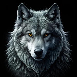crear una imagen de un  lobo imponente en blanco y negro y fondo negro HIPEREALISTA