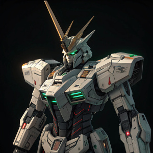 Highly detailed digital art of RX-0 Unicorn Gundam. Black background. Green and golden details. Angular design