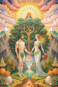 In the Rider-Waite Tarot deck, the Lovers card depicts a biblical plot: Adam and Eve are in the Garden of Eden. They stand at a distance from each other. Behind Eve, you can see the Tree of the Garden of Eden with the Serpent, and behind Adam - the Tree of Life. Between the lovers, in the middle of the card, a steep mountain is depicted, above which hangs a large cloud with an Angel blessing the couple.