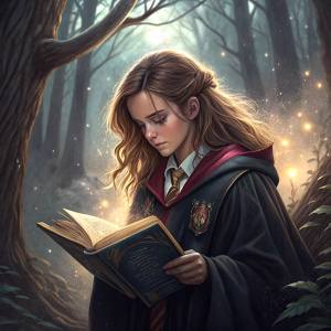 Fan art of Hermione Granger, holding an ancient book. She wears the iconic Hogwarts robes. A mystical forest background.