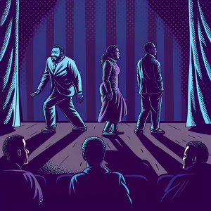 Theatrical performance 'Lockdown' by Douglas Craven. Dark stage with moving shadows representing people in different postures. Alternative Acts Theatre Company presents. Shows on March 22, 23, 29, and 30.