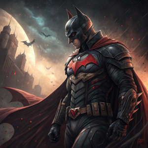 Digital illustration of Batman from Arkham Knight. Dark dramatic background. Black color, red logo, detailed armor, flowing cape.