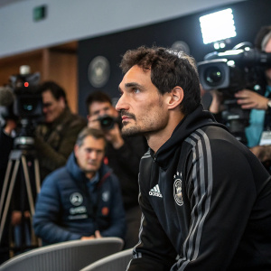 Mats Hummels, German footballer, intense look. Wearing black tracksuit at press conference. Q&A session ongoing.