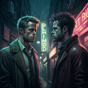 Promotional poster for the movie Fight Club. Dark alleyway scene with Brad Pitt and Edward Norton. Neon signs in the background.