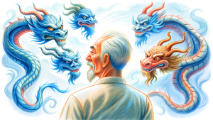 There are five Chinese dragons spoke to one old Chinese man wearing a T-shirt.