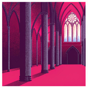 Inside the grand Toledo Cathedral, soaring stone pillars and intricate arches dominate the space. Slim columns and majestic pointed arches culminate in a stunning stained glass window above.